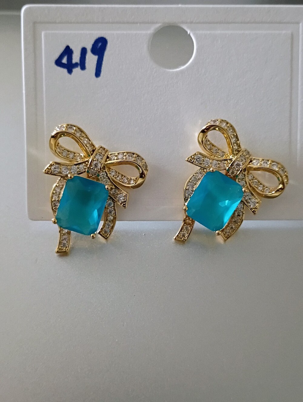 New Gold Plated Bow Blue Crystal Drop Earrings